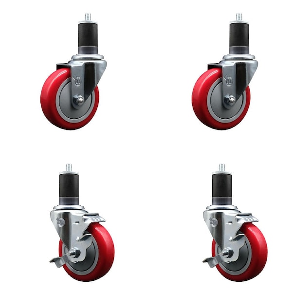 Service Caster 4'' Red Poly Wheel Swivel 1-5/8'' Expanding Stem Caster Set 2 Brakes, 4PK SCC-EX20S414-PPUB-RED-2-TLB-2-158 - main